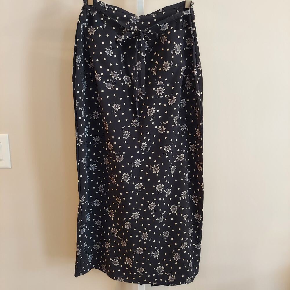 Laura Tyler Vintage 90s Maxi Skirt Black White Floral Polka Dot Tie Waist 10 12
